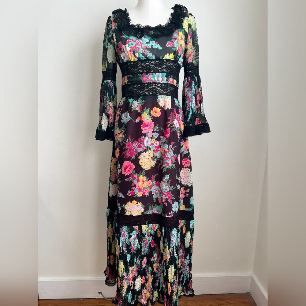 Small French Vintage Chiffon Black Pink Yellow Blue Floral Black Lace Maxi Dress